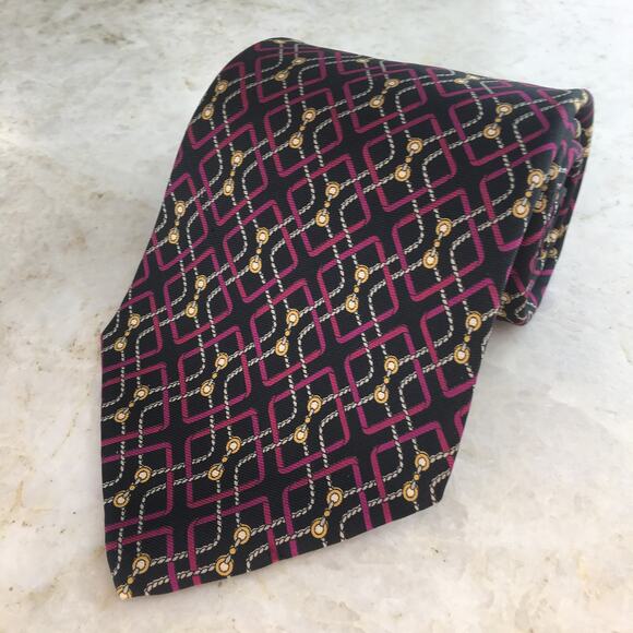 HENRY GRETHEL BLACK BURGUNDY GOLD WHITE ALL SILK TIE0 - Picture 8 of 11